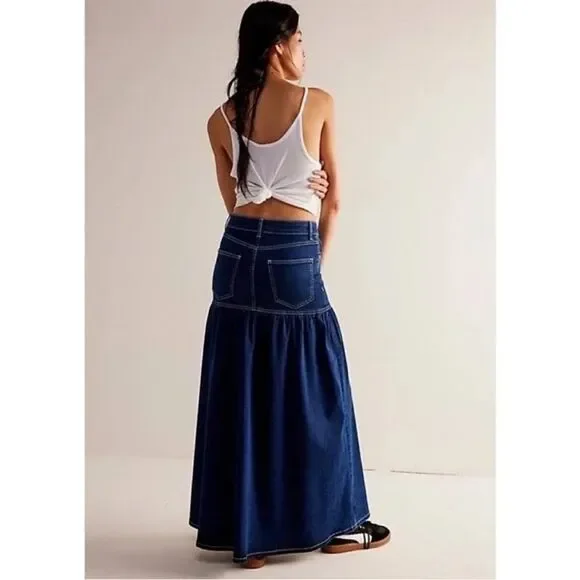 Free People We The Free Jordan Maxi Skirt Denim High Rise‎ Stretch Dark Wash 0&6 - Picture 3 of 9